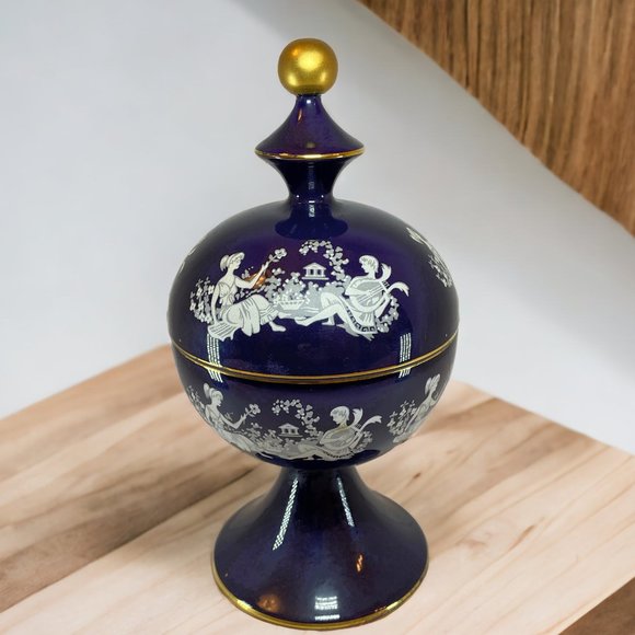 Vintage Italy Florentine Cobalt Blue Ceramic Compote Lidded Dish Greek Couple - Picture 1 of 11